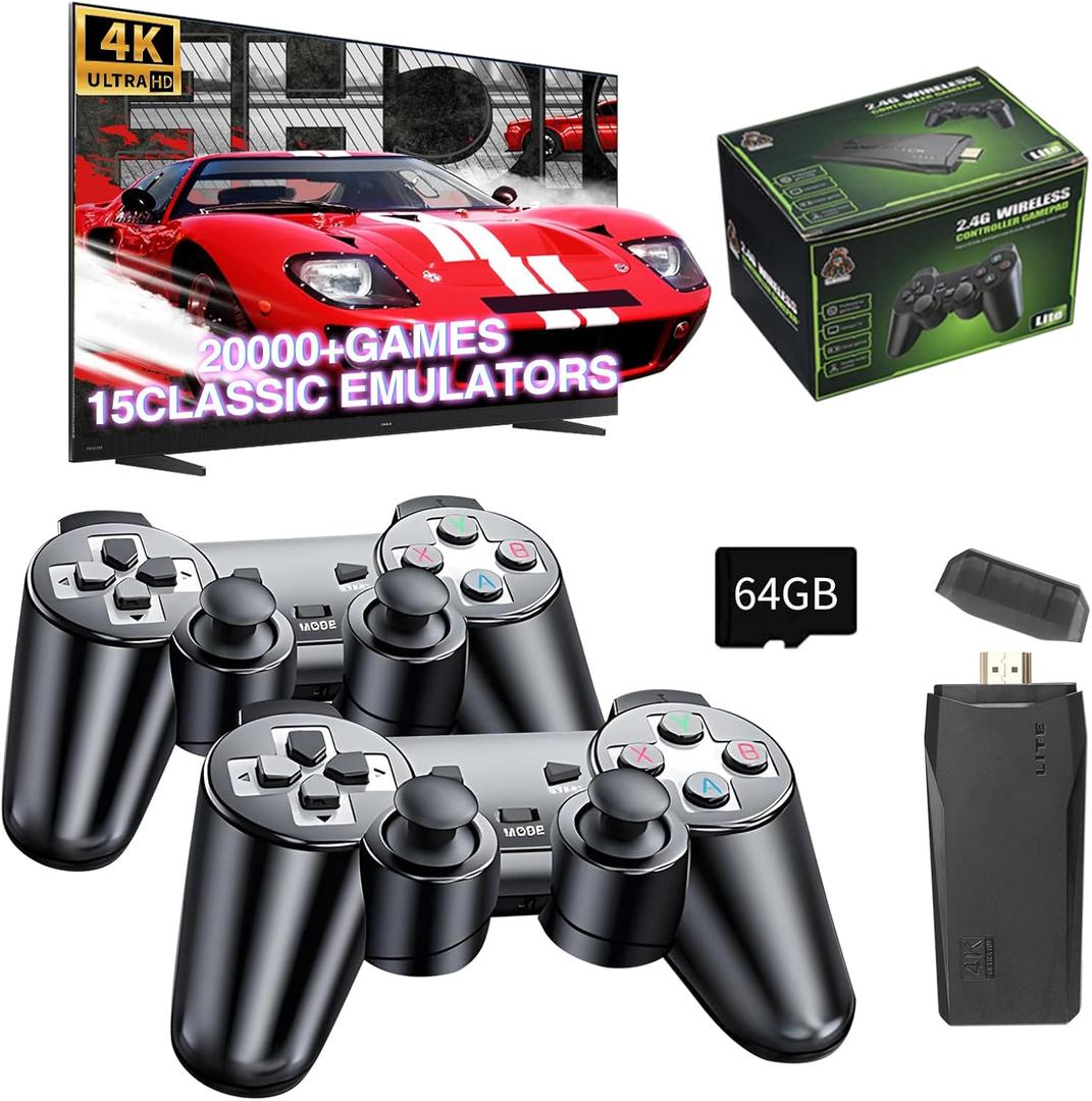 2025 Wireless Retro Gaming Console Game Stick - Plug & Play TV Game System with 20000+ Built-in Classic Games, 4K HDMI Output, 23 Emulators & Dual 2.4G Controllers (64GB Memory Card)