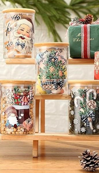 Shellwei 5 Pcs Watercolor Christmas Glass Storage Jar with Airtight Bamboo Lid Santa Claus Canister Sets Christmas Snowman Elk Clear Cookie Candy Storage 19oz for Kitchen Containers Countertop Decor
