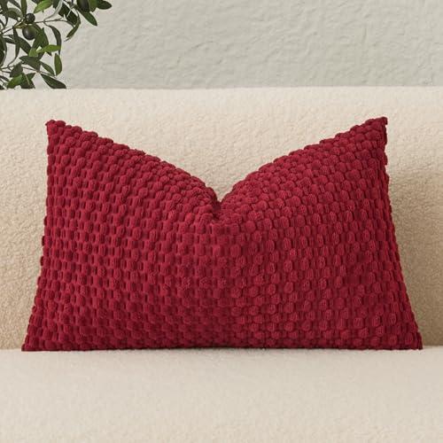 UGASA Christmas Velvet 12x20 Inch Lumbar Throw Pillow Cover, Both Sides Corduroy Striped, Soft Solid Decorative Rectangular Cushion Case for Couch/Bedroom/Car, 1 Piece, Burgundy