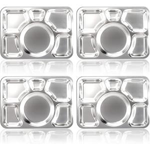 Hacaroa 4 Pack Stainless Steel Divided Dinner Plates, 15x10.6 Inches Snack Serving Plate with 6 Compartment, Metal Food Trays for Adults, Diet Food Portion Control, Picky Eaters