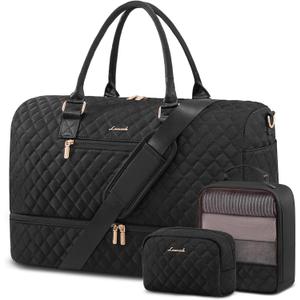 LOVEVOOK Travel Duffle Bag for Women, Weekender Overnight Bag with Shoe Compartment, Carry on Bag with Toiletry Bag, Gym Duffel Bag with Wet Pocket, Hospital Bags for Labor and Delivery 3 Pcs Set (Large, Black)