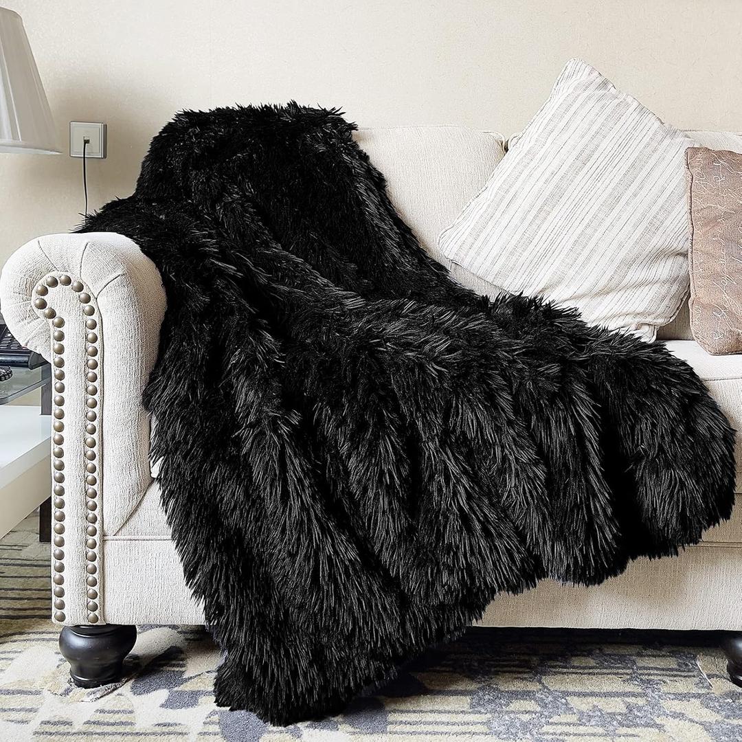 JONIYEAR Decorative Soft 2.8" Long Pile Fluffy Faux Fur Throw Blanket 50" x 60", Solid Luxury Fuzzy Plush Blanket for Couch Sofa Bed, Accent Cozy Shaggy Lightweight Blankets for Pet,Thick,Warm, Black