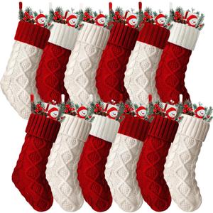 Hungdao 12 Pcs Christmas Stockings Mini Knitted Xmas Stockings Bulk 8.3 Inch Rustic Socks Double Sided Fireplace Hanging Vintage Stockings for Family Christmas Decorations (Red, White)