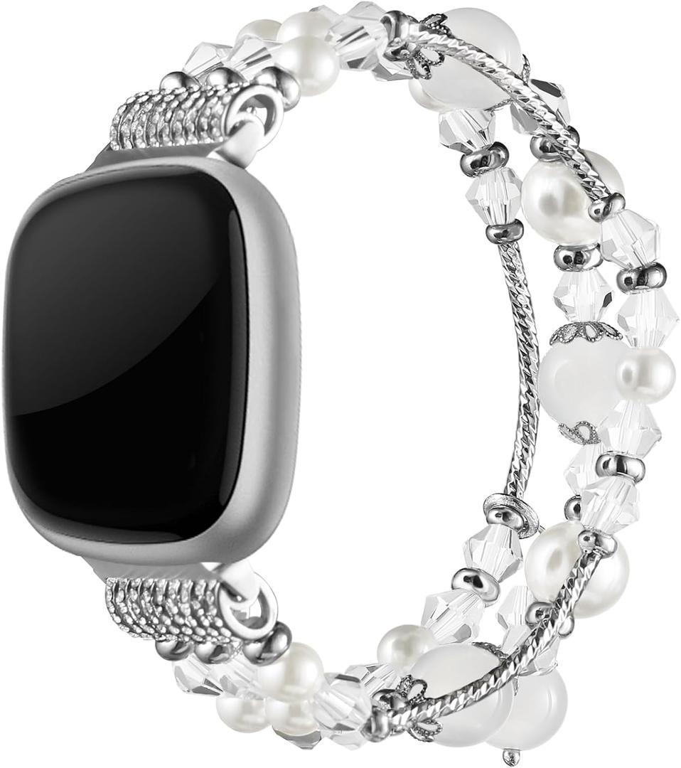 Simpeak Beaded Bracelet Band Compatible with Fitbit Versa 4/Versa 3, Fashion Handmade Elastic Stretch Bracelet Beaded Bands Strap Women Replacement for Fitbit Sense/Sense 2 Smart Watch