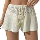 Verdusa Women's Hollow Out Crochet Beach Cover Up Knit Loose Wide Leg Shorts (Large, Beige)