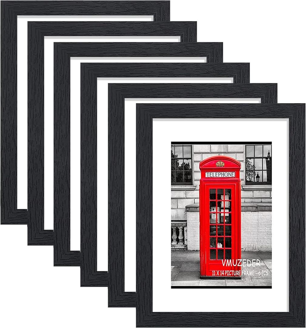 11x14 Picture Frame Rustic Black Wood Set of 6,Display Pictures 8x10 with Mat or 11x14 Without Mat,Multi Photo Frames Collage for Wall