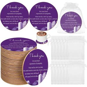 50 Pcs Funeral Favors Celebration of Life Favors for Purple Cork Coasters Bulk Round Absorbent Funeral Memory Cork Coaster with Bags Sympathy Gift for Memorial Party Guest Return Gifts