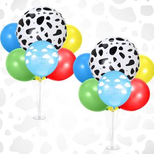 2 Sets Cartoon Birthday Party Decorations Table Centerpiece Red Yellow Blue Balloon Stand Kit with Cloud Cow Print Foil and Latex Balloon for Baby Shower Farm Animals Wedding Supplies