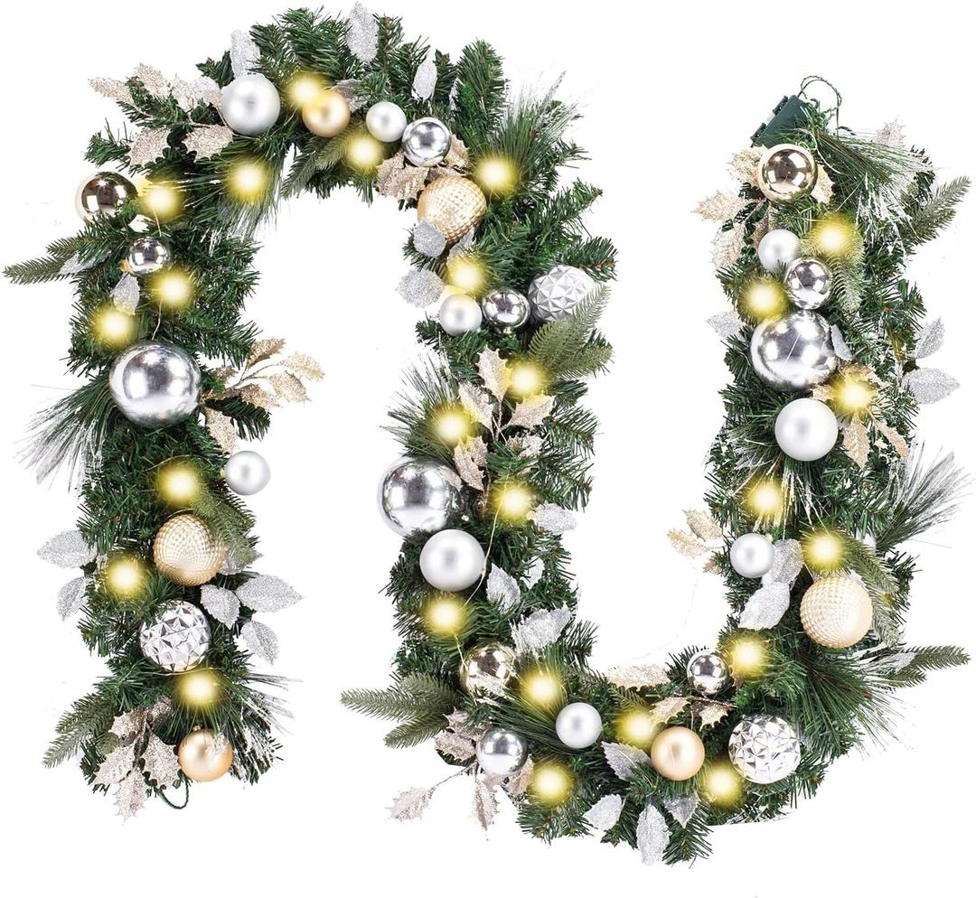 WANNA-CUL Pre-Lit 9 ft/108 Inch Christmas Garland with 50 Led Lights,Champagne Gold Christmas Mantel Garland Decor for Front Door with Ball Ornaments, Battery Operated