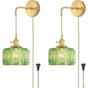 Shenmoyl Vintage Wall Sconce with Green Striped Glass Shade Hanging Wall Sconce with 4.9FT Plug in Cord, Modern Wall Lamp Fixtures Decor for Bedside Bedroom Indoor Doorway, Set of 2