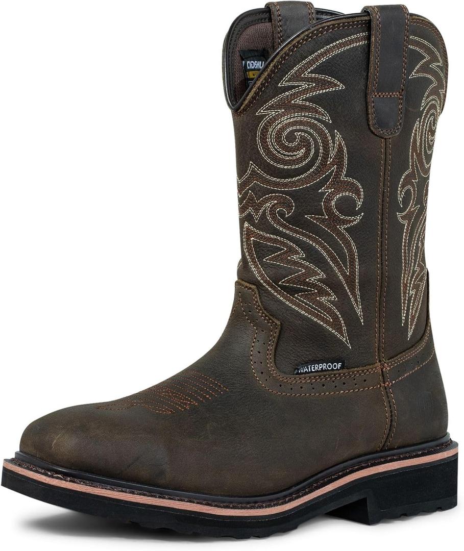 Steel Toe Work Boots for Men Cowboy Boots Square Toe Waterproof Leather Rancher Western Safety Shoes Brown (11 Narrow)