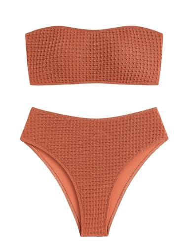 ZAFUL Women's Textured Bandeau Bikini Strapless Solid Color 2 Pieces Bathing Back Lace-up Suit Swimsuit (Caramel, S)
