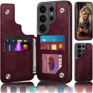DJDUCK Designed for Samsung Galaxy S26 Ultra Case Wallet with Card Holder, [Magnetic Clasp Cover] [RFID Blocking Leather Protection] Shockproof Women Men Cases for Samsung S26 Ultra Wine Red