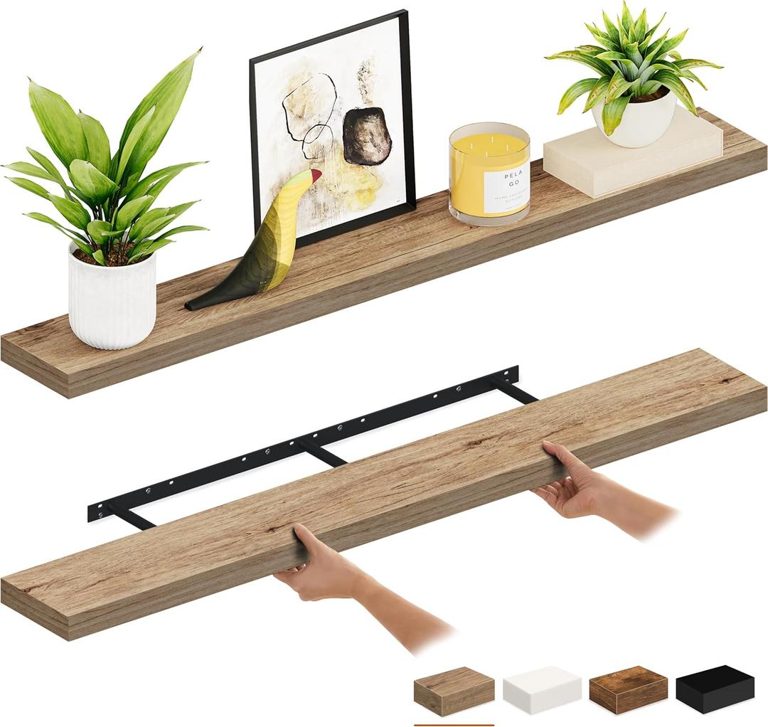 Ballucci Floating Shelves, 55" Wood Wall Shelf Set of 2, with Invisible Brackets for Bathroom, Living Room, Bedroom, Kitchen, Nursery, 6" Deep, Oak