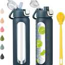 chunmo 24 oz Glass Water Bottles with 2 Lids-Handle Spout Lid & Straw Lid, Motivational Water Bottle with Time Marker and Silicone Sleeve,Leakproof-Dark Blue-1 Pack