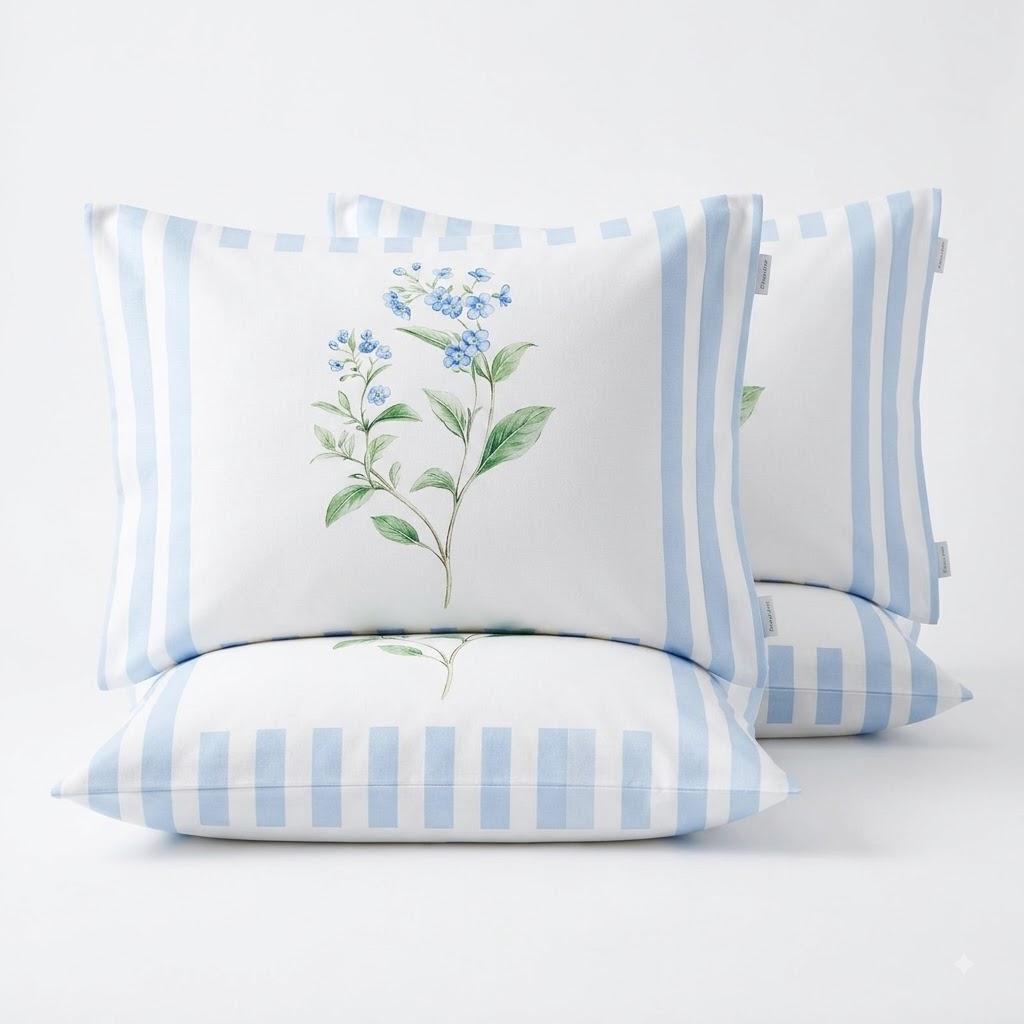 JMICPTUB Blue Striped Floral Pillow Covers 18x18, Floral Room Decor, Rustic Aesthetic Blue Flower Botanical Decorative Throw Pillow Covers for Bedroom Living Room Home Office, Set of 4