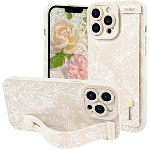 NITITOP Compatible with iPhone 13 Pro Max Case Cute Rose Floral Flower for Women Girls with Wrist Adjustable Hand Strap Kickstand Grip Holder Soft TPU Slim Protection Phone Cover - White