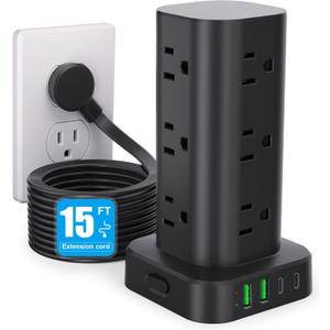 Power Strip Tower with Multiple Outlets, Flat Plug Surge Protector Tower Extension Cord with 12 AC Outlets 4 USB Ports (2 USB C), 15FT Cord Power Tower Surge Protector for Home Office Dorm Room, Black