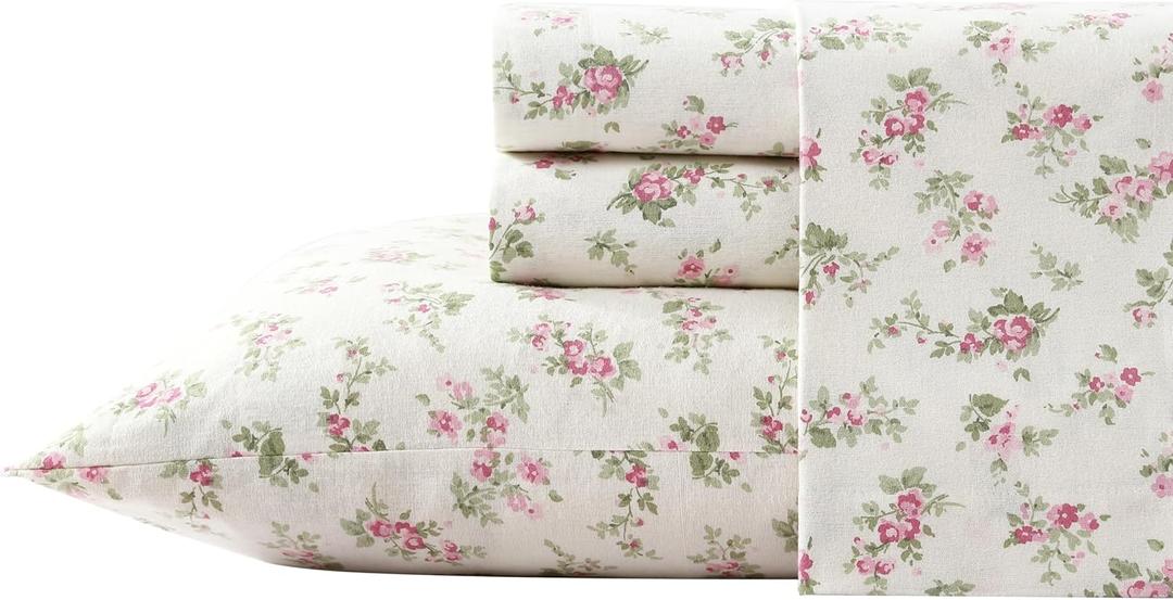 Laura Ashley - Flannel Sheets King Size, Anti-Pilling & Wrinkle Resistant Cotton, Touchably Soft for All-Season Comfort - Bed Sheets with Matching PIllowcases & Fitted Sheet (Audrey Pink)