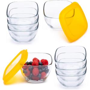 Libbey Serve It 16 Piece 2 Cup Glass Storage Bowl Container Set with Yellow Plastic Lids, 16 Fluid Ounces