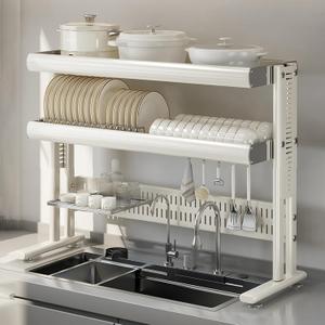 Large Over The Sink Dish Drainer Drying Rack2 Tier Large Capacity Stainless Steel Dish Drying Rack Over Sink, Multifunctional Kitchen Organizers and Storage Dish Rack (White, Double Layer)