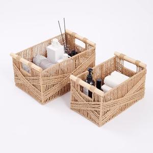 Woven Decorative Baskets Bohemian Style Set of 2 Picnic Basket with Wood Handles Rectangle Storage Baskets for Shelves Towel Bathroom