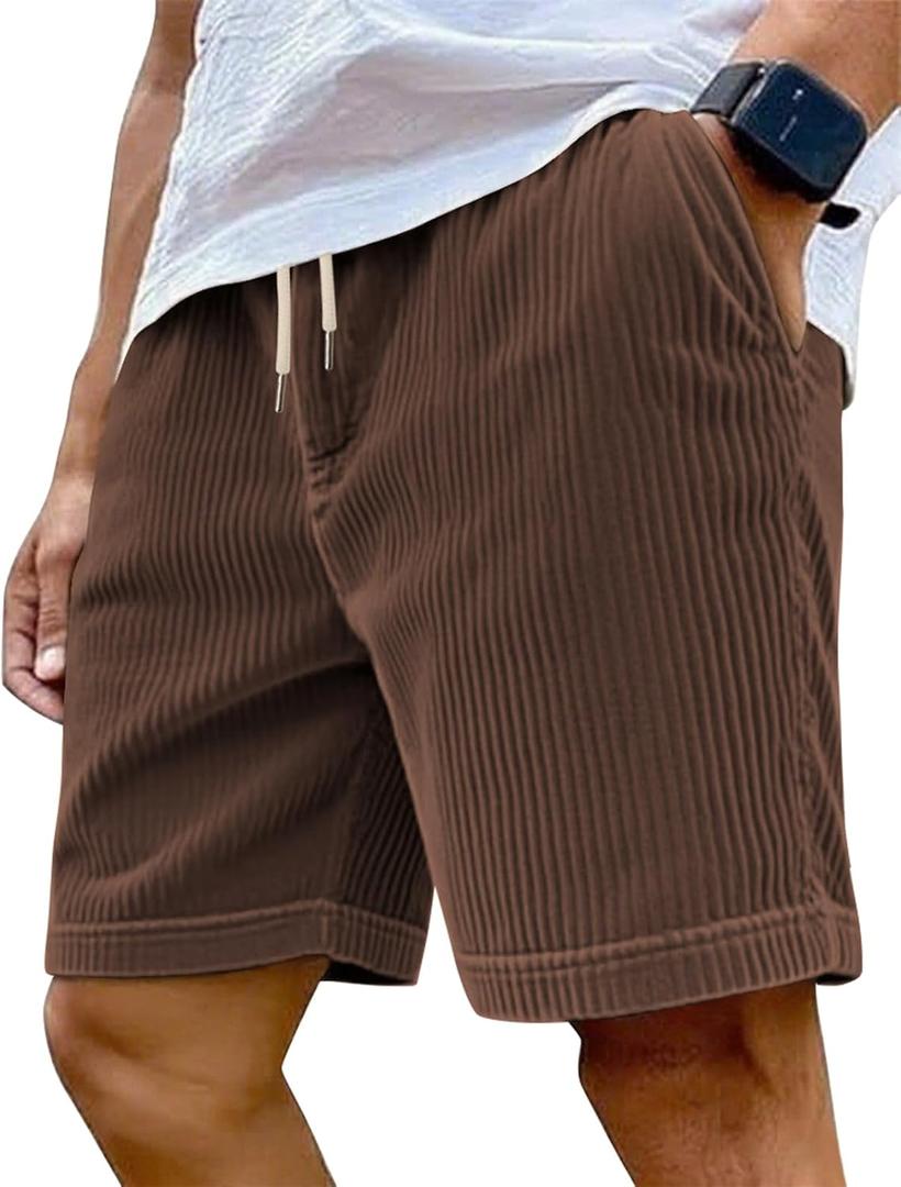 Mens Cargo Shorts Casual Drawstring Elastic Waist Corduroy Summer Beach Shorts with Pockets (Brown, S)