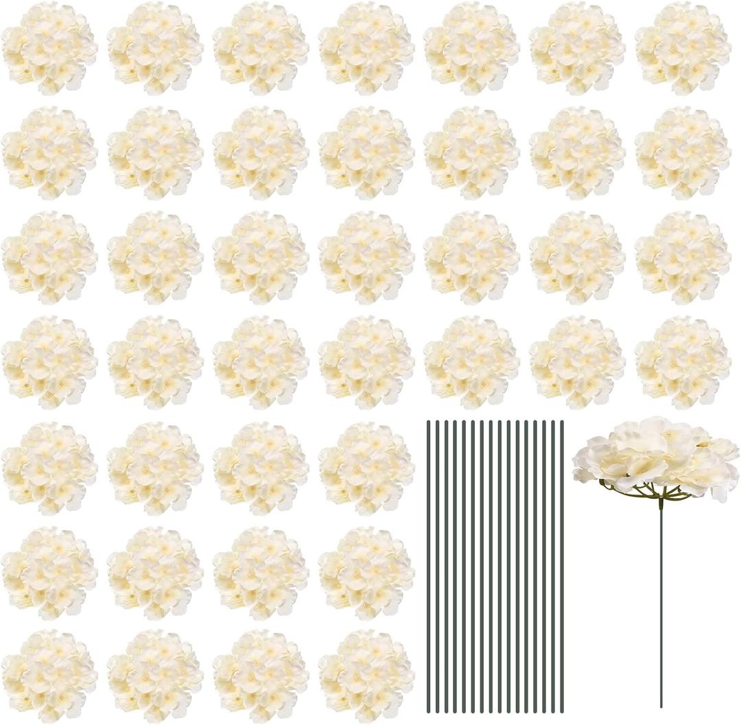 MECCANIXITY Silk Artificial Hydrangea Flowers, Beige Artificial Flowers Heads with Stems, Full Hydrangea Flowers for Wedding Centerpieces, Party Decoration 30 Set