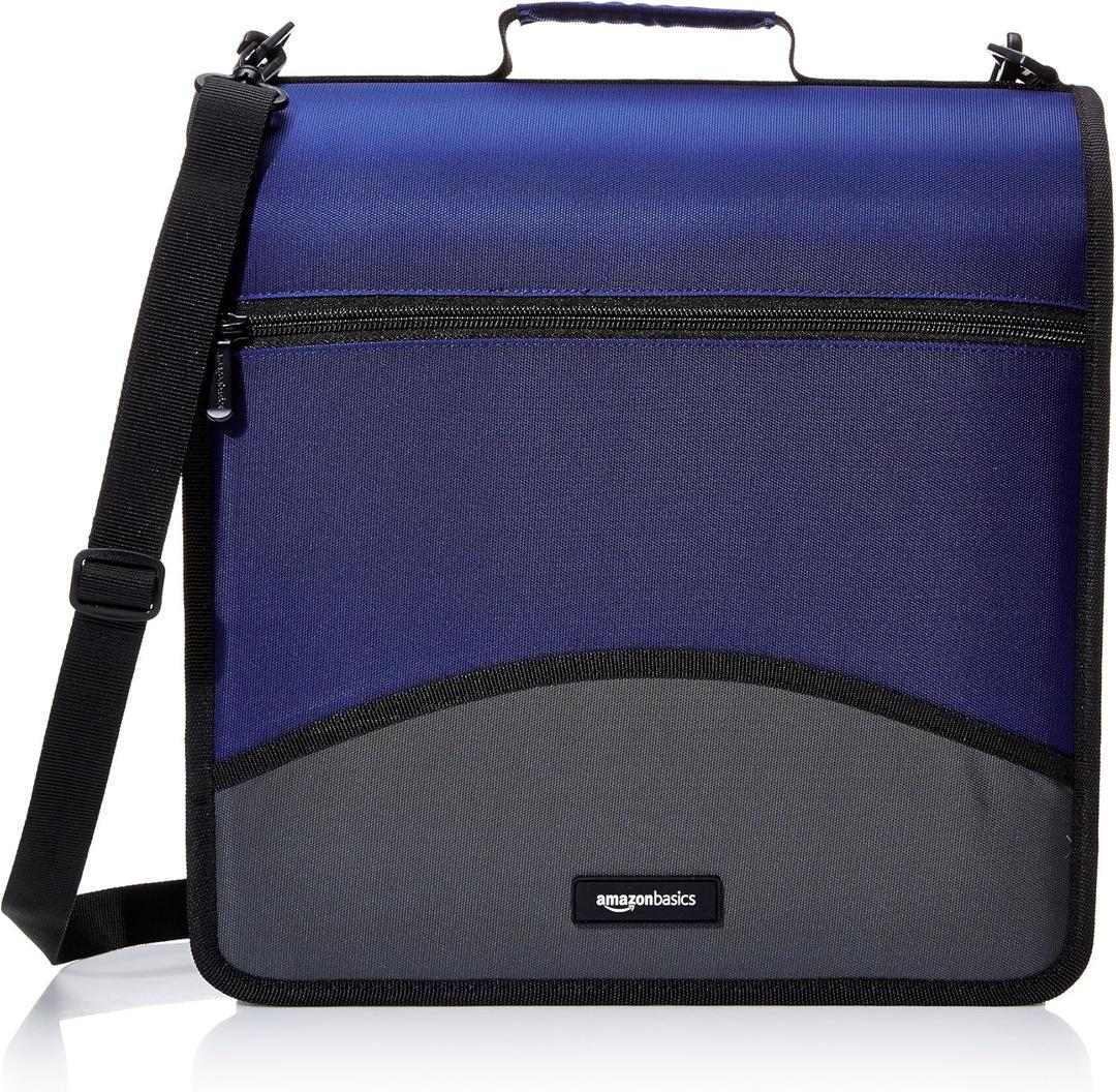 Amazon Basics Durable 3 Ring Zipper Binder with Multiple Pockets and Shoulder Strap, O-Ring Closure, Large Capacity, 4 inches, Blue