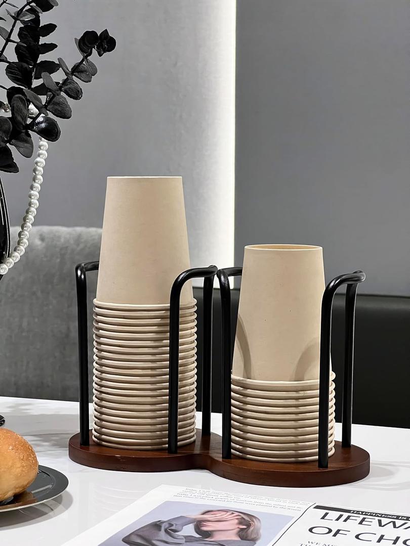 Wood Bathroom Cup Holder 8oz, Stylish Walnut Disposable Cup Dispenser, Plastic Mouthwash Cup Storage Organizer for Cups (Under 3.35in Diameter) -Perfect for Office, Kitchen, Gym, School or Cafes (Black-2)