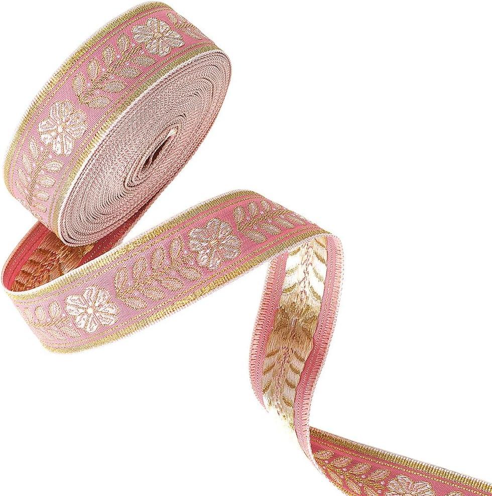 10 Yards Pink Floral Jacquard Ribbon Gold Embroidery Trim Tape Vintage Boho Flower Woven Embroidered Boho Applique Fabric Trimming for Sewing Making Crafts Clothes Dresses Wedding Supply
