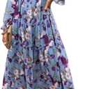 Women's Floral Maxi Dress V-Neck Long Sleeve Boho Flowy Tiered Ruffle Dress for Spring Wedding Guest Vacation (Large, Blue)