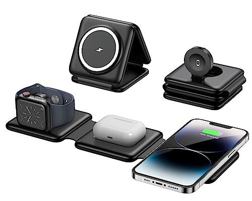 Magnetic Wireless Charger for iPhone: Foldable 3 in 1 Charging Station for Multiple Apple Devices - Travel Charging Pad Dock for Apple Watch iPhone 16 15 14 13 12 Pro Max Plus & Airpod