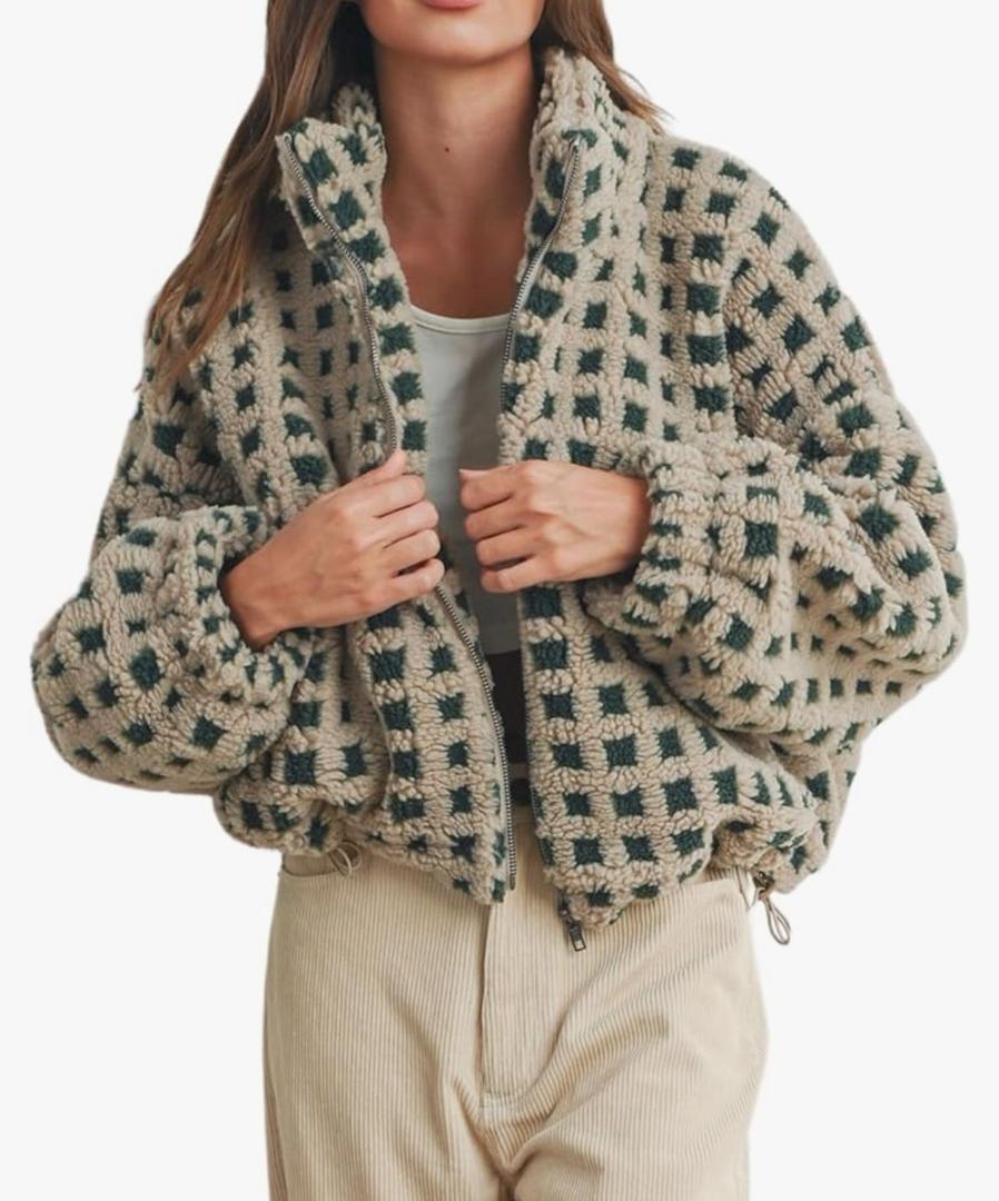 No Brand Women’s Long Sleeve Cropped Sherpa Fleece Plaid Jacket Casual Chunky Teddy Fleece Outerwear M