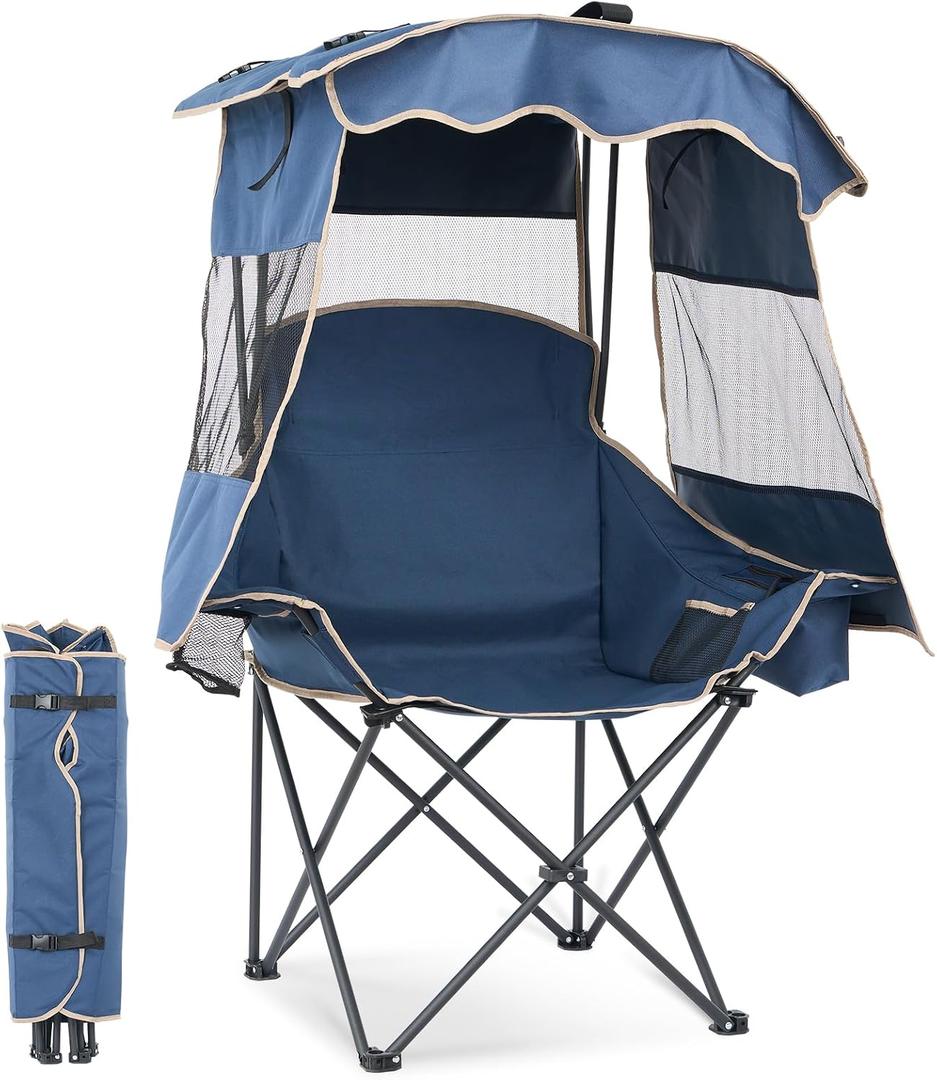 DoCred Beach Chair with Canopy Shade,Portable Folding Camping Chair with Cooler Bag & Cup Holder, Reclining Beach Loungers for Adults Outdoor Camp,Sports,Beach, Tailgates, Fishing,  Blue, Single