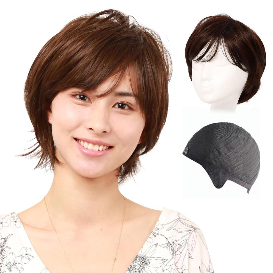 Heat Resistant Synthetic Hair Wig Short Fashion Fluffy Wig for Asian Young Women IUH30S20 (Human hair mixed+Medical base, 3 Dark Brown)