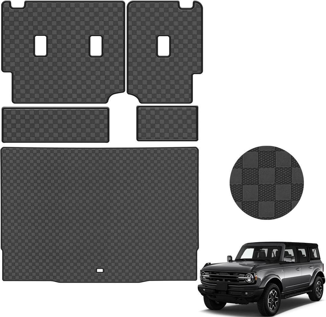 Trunk Mat & Backrest Mat for 2021-2025 4 Door Ford Bronco (Not for Sport) - Custom Fit PU Leather Cargo Liner and Rear Backrest Protector - Anti-Slip Waterproof Cargo Mats (Black Square)