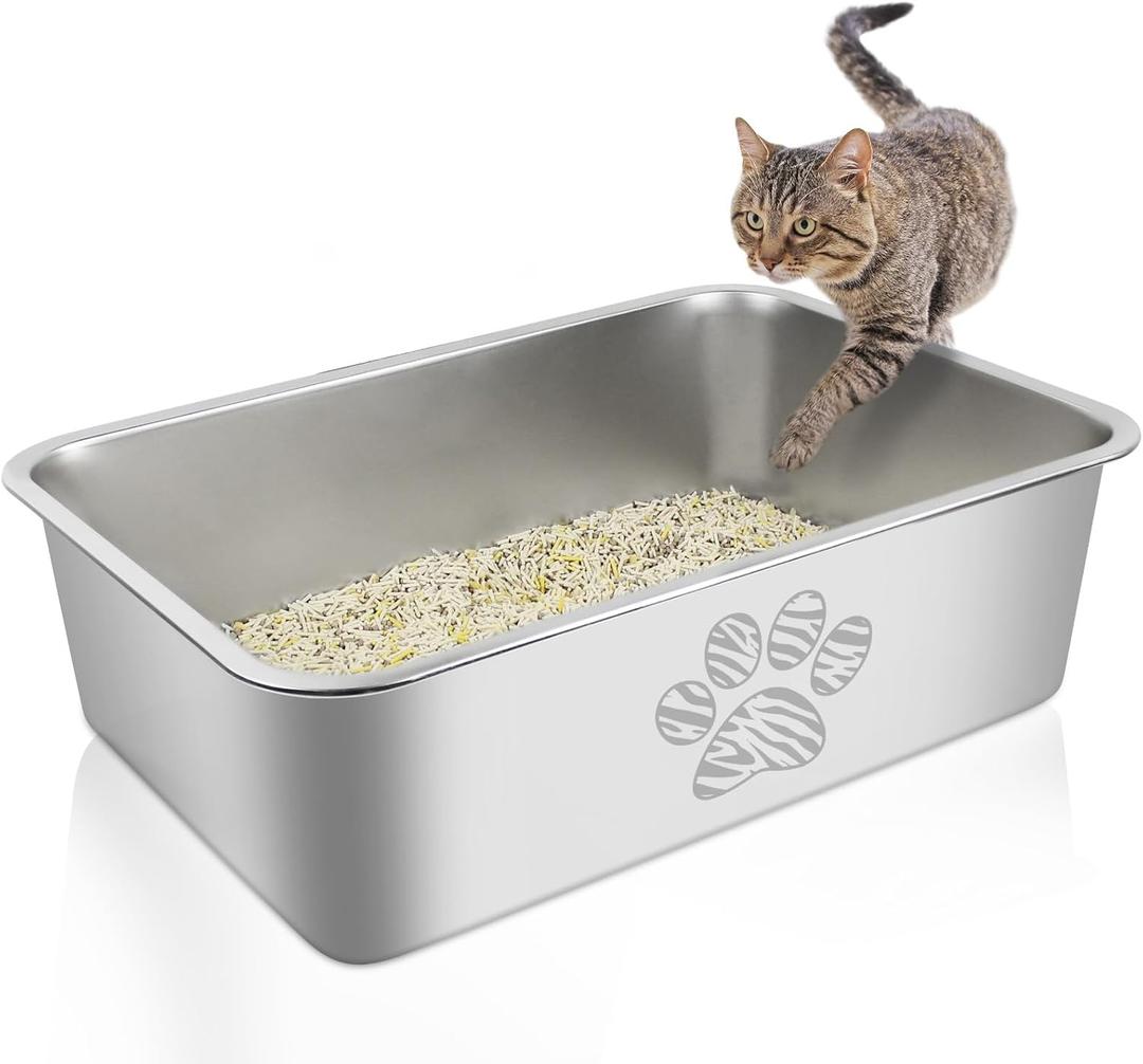 Stainless Steel Cat Litter Box High Side Cats Toilet Metal Kitten Litter Pan, Pet Cleaning Tool for Cats, Rabbits, Splash-Proof and Non-Stick Tabby Paw Cat Poop Box odorless 23.6"x15.7"x5.9"