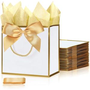 SHIPKEY 10PCS White Gift Bags (Gold Trim), 11"x4"x8" Medium Welcome Bags, Luxury Shopping Bag with Ribbon Handle and Bows (28x10x20cm)