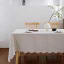 100% French Flax Linen Tablecloths Scalloped Embroidery Rectangle 132Lx60W Inch for Dinners, Parties, Spring, Machine Washable, 12-14 Sets, Linen(Edges-Gold)