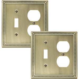 2-Pack Combo Toggle/Duplex Light Switch Cover Plate, Antique Brass Metal Wall Outlet Cover Plate, Decorative Classic Beaded Wall Socket Receptacle Cover
