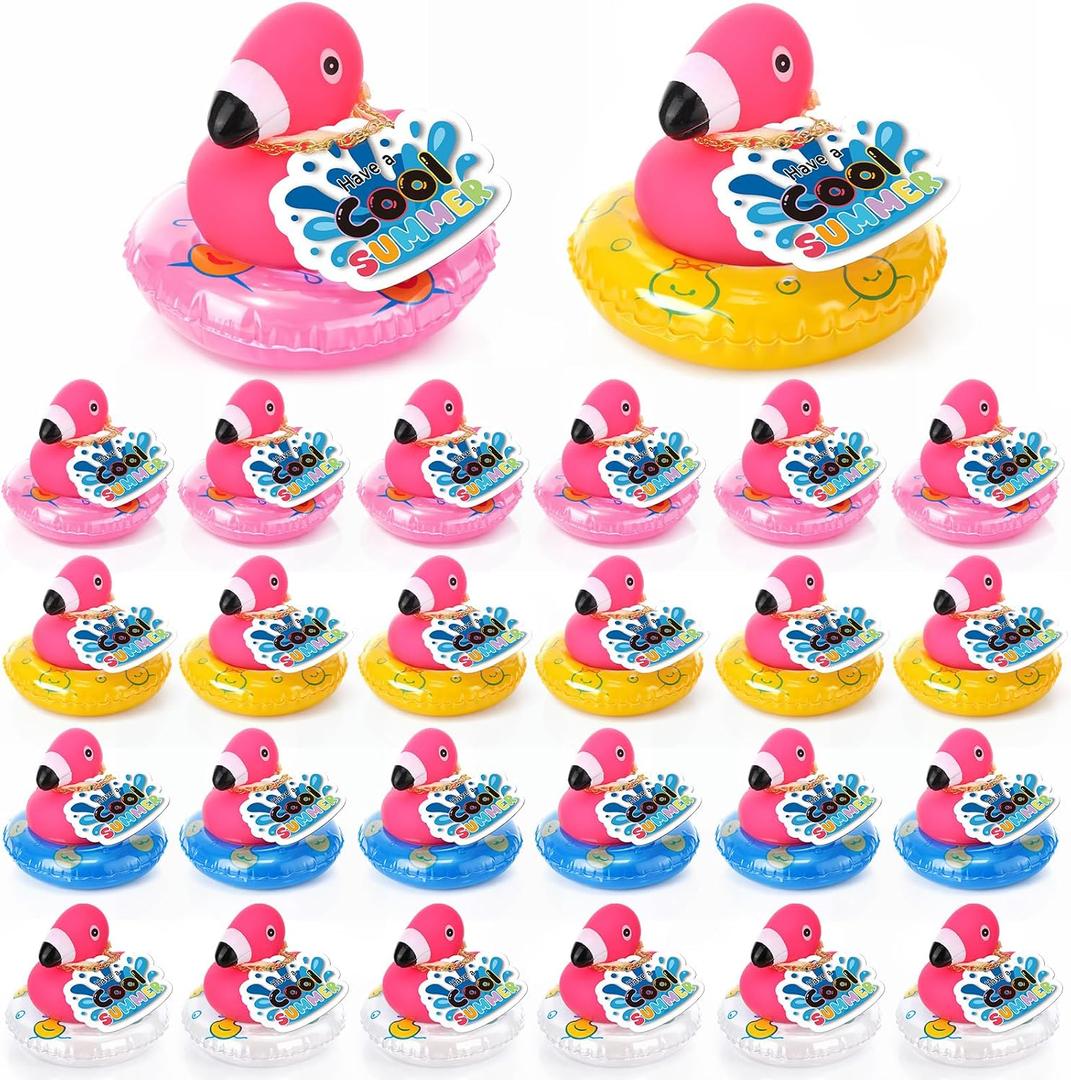 Lunmon 24 Pack End of Year Gifts Bulk with Cool Rubber Mini Float Graduation Gifts with Summer Cards Summer Beach Party Favors Pool Party Favors Goodie Bags (Flamingos)