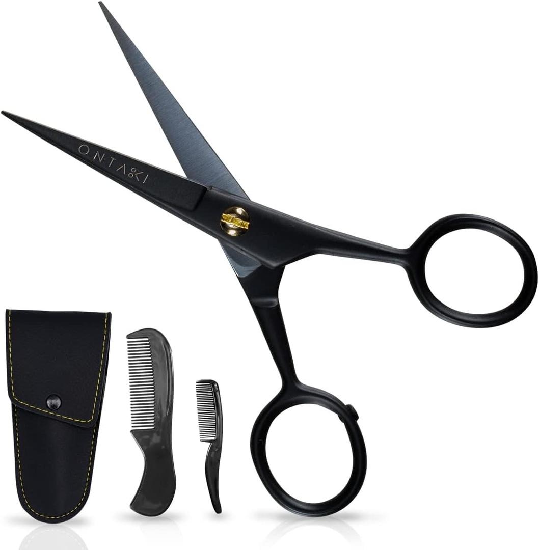Ontaki 5" Professional German Beard & Mustache Scissors with 2 Comb & Carrying Pouch for Men - Bevel Edge for Precision - Facial Hair Grooming Kit All Body Hair - Black - Beard Trimming Scissors
