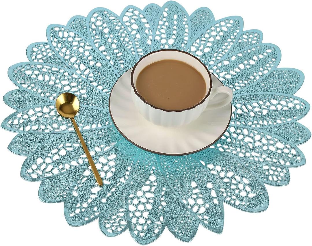 Round Blue 15 Inches Placemats Set of 6 for Dinner Table, Vinyl Metallic Hollow Out Flower Place Mats, Non Slip Heat Resistand PVC Table Mats