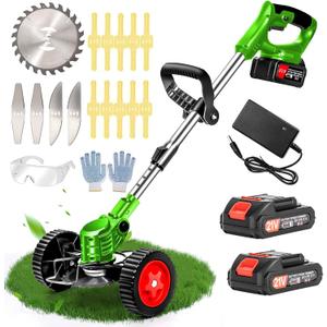 Electric Weed Wacker Cordless with Wheels, 2pcs Batteries&4 Types Blades,Lightweight, Low Noise Weed Trimmer 21V stringless Weed Wacker, Grass Trimmer/Brush Cutter/Edger, for Thick Weeds&Yard Garden