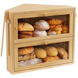 WOWLIVE Corner Bread Box for Kitchen Countertop, Large Double Layer Bread Storage Container for Homemade Bread, Black Bread Holder for Kitchen Counter, Under Cabinet Organizer (Natural, Medium)