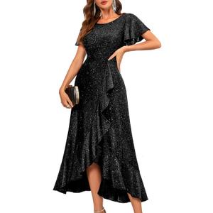 BeryLove Women Sequin Formal Party Dress Flutter Short Sleeve Wedding Cocktail Long Evening Dress (Medium, Black)