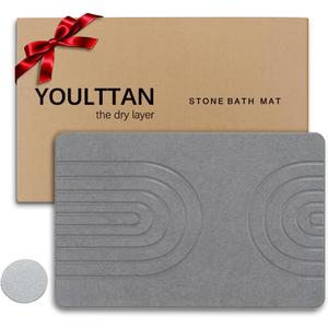 Stone Bath Mat 24"x16" - Diatomaceous Earth Shower Mat, Quick Dry, Anti-Slip, Modern Design with Bonus Non-Slip Pad - Perfect for Home Safety and Style, (Gray,Semicircle)