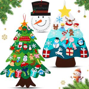 Realspring 2 Pack 3.3ft DIY Felt Christmas Tree with 56 Ornament and Snowman Advent Calendar 2025 Blue Felt Xmas Tree with Cutouts Decorate Wall Hanging Decoration for Christmas Crafts Winter Party