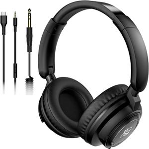 Wired Over Ear Headphones Studio Monitor & Mixing DJ Stereo Headsets with 50mm Drivers and 1/4 to 3.5mm Jack for Cellphone Type C AMP Computer Recording Podcast Keyboard Guitar Laptop Black